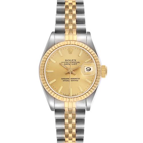 The Rolex Datejust 69173 Women's Steel and Gold (two tone) Champagne Dial 69173 Women's Steel and Gold (two tone) Champagne Dial watch is shown from the front, displaying the gold dial, fluted bezel, and two-tone bracelet.