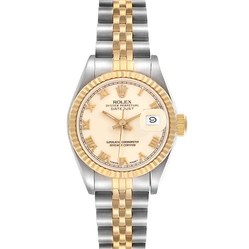 The Rolex Datejust 69173 Women's Steel and Gold (two tone) Beige Dial 69173 Women's Steel and Gold (two tone) Beige Dial watch is shown from a direct top view, displaying the dial, bezel, crown, and bracelet.