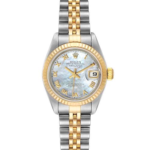 The image shows the Rolex Datejust 79173 Women's Steel and Gold (two tone) Mother of Pearl Dial 79173 Women's Steel and Gold (two tone) Mother of Pearl Dial watch from a front angle, displaying the dial, bezel, bracelet, and date window.