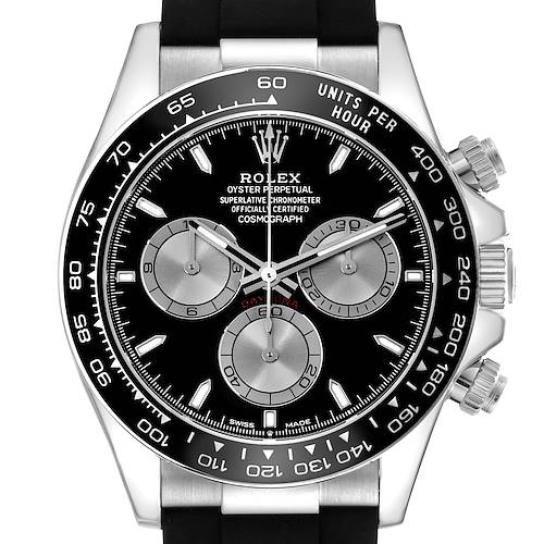 The Rolex Daytona 126519 Men's White Gold Black Dial 126519 Men's White Gold Black Dial watch is shown from a front view, displaying its dial, bezel, and pushers.