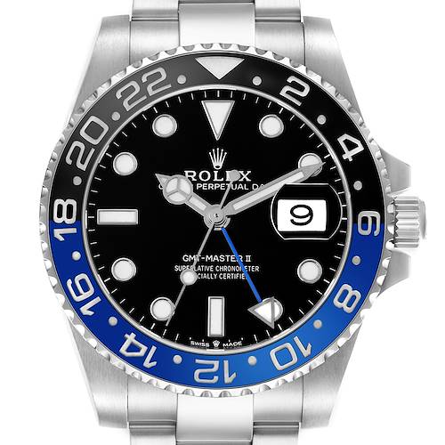 The image shows a front view of the Rolex GMT-Master 126710 Men's Stainless Steel Black Dial 126710 Men's Stainless Steel Black Dial II watch, highlighting its bezel, dial, and prominent hour markers.