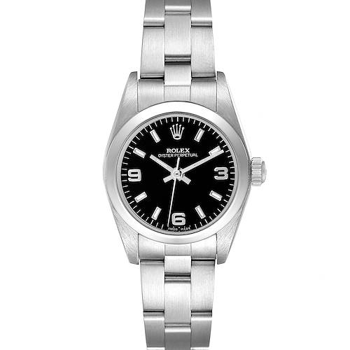 The Rolex Oyster Perpetual 76080 Women's Stainless Steel Black Dial 76080 Women's Stainless Steel Black Dial is shown from the front, featuring the dial, bezel, bracelet, and crown.