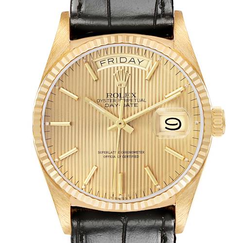 The Rolex President 18038 Men's Yellow Gold Champagne Dial 18038 Men's Yellow Gold Champagne Dial model watch is shown from a top-down angle, displaying the dial, bezel, day and date indicators, and the crown.