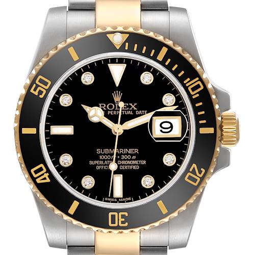 The Rolex Submariner 116613 Men's Steel and Gold (two tone) Black Dial 116613 Men's Steel and Gold (two tone) Black Dial watch is shown from the front, highlighting the dial, bezel, and crown.