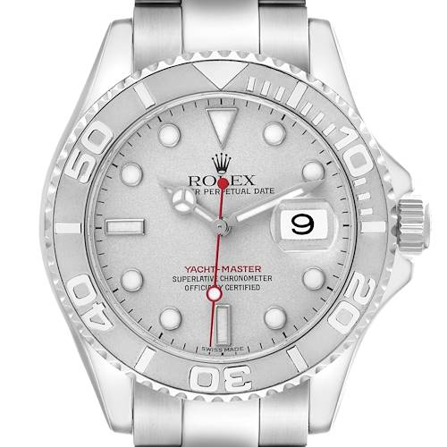 The Rolex Yacht-Master 16622 Men's Stainless Steel Silver Dial 16622 Men's Stainless Steel Silver Dial watch is shown from the front, highlighting the dial, bezel, bracelet, and date window.