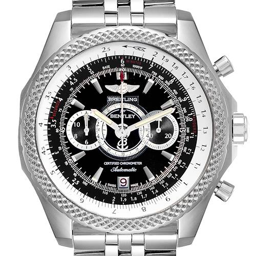 The image shows a close-up of the dial and bezel of a Breitling Bentley A26364 Men's Stainless Steel Black Dial A26364 Men's Stainless Steel Black Dial watch, emphasizing its chronograph features.