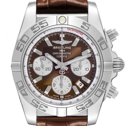 The Breitling Chronomat AB011012/Q575 Men's Stainless Steel Brown Dial AB011012/Q575 Men's Stainless Steel Brown Dial watch is shown from the front, displaying the dial, bezel, and crown, with a brown strap.