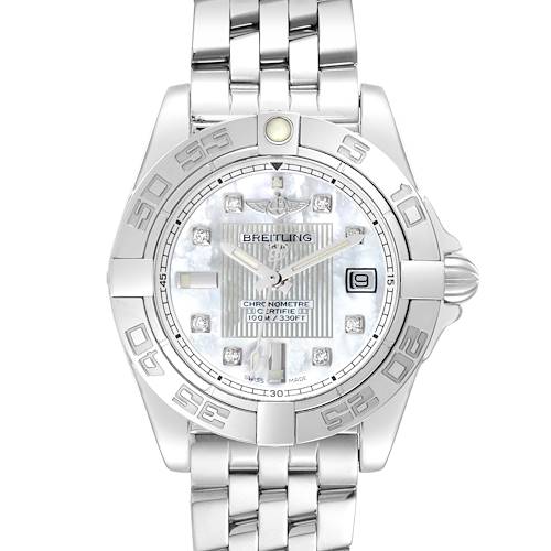 The Breitling A71356 Women's Stainless Steel Mother of Pearl Dial A71356 Women's Stainless Steel Mother of Pearl Dial Galactic Cockpit Mother of Pearl Diamond Steel Ladies Watch A71356 is shown from the front, displaying the dial and bracelet.