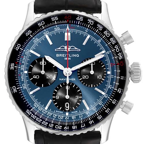 The Breitling Navitimer AB0139241C1A1 Men's Stainless Steel Blue Dial AB0139241C1A1 Men's Stainless Steel Blue Dial watch is shown from a front angle, highlighting the dial, bezel, subdials, and crown.