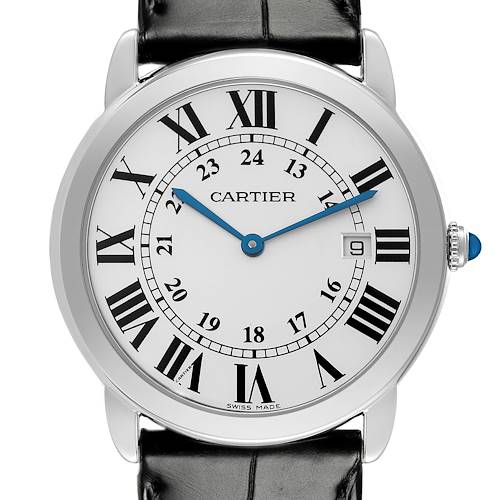 The Cartier Ronde W6700255 Men's Stainless Steel Silver Dial W6700255 Men's Stainless Steel Silver Dial watch is shown from a front view, highlighting its face, Roman numerals, and black leather strap.