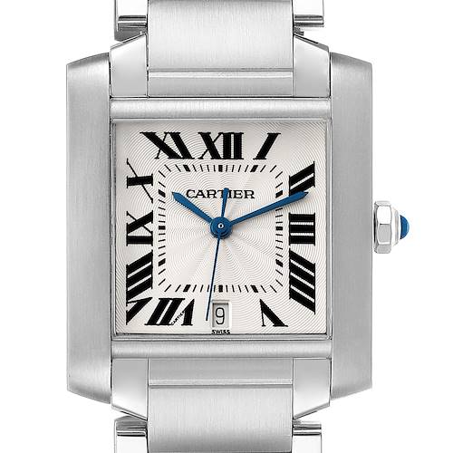 The image shows a front view of the dial and part of the bracelet of the Cartier Tank Française watch.