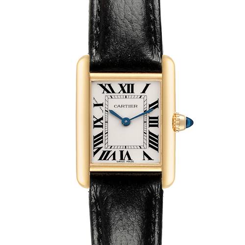 The Cartier Tank Louis W1529856 Women's Yellow Gold White Dial W1529856 Women's Yellow Gold White Dial watch is shown from a frontal angle, highlighting the dial, case, crown, and leather strap.