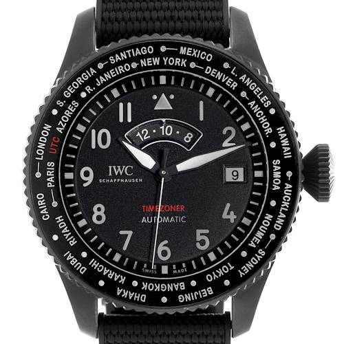 The IWC Pilot IW395505 Men's Ceramic Black Dial IW395505 Men's Ceramic Black Dial Timezoner watch is shown from the front, displaying the face, bezel, and strap attachment.