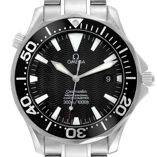 The image shows a front view of the Omega Seamaster 2254.50.00 Men's Stainless Steel Black Dial 2254.50.00 Men's Stainless Steel Black Dial watch, displaying the face, bezel, and part of the bracelet.