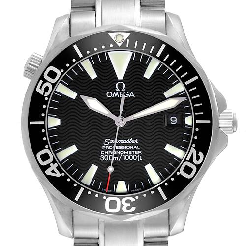 This image shows a front view of the Omega Seamaster 2254.50.00 Men's Stainless Steel Black Dial 2254.50.00 Men's Stainless Steel Black Dial watch, highlighting the dial, hands, bezel, and a portion of the bracelet.