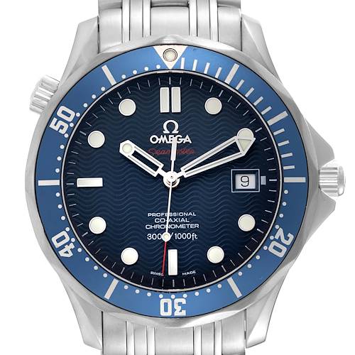 The image shows a front view of the Omega Seamaster 2220.80.00 Men's Stainless Steel Blue Dial 2220.80.00 Men's Stainless Steel Blue Dial watch, highlighting the dial, bezel, and part of the bracelet.