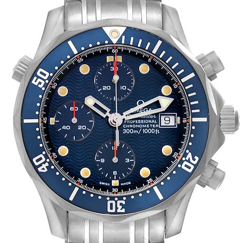 This image shows a frontal view of the Omega Seamaster 2298.80.00 Men's Stainless Steel Blue Dial 2298.80.00 Men's Stainless Steel Blue Dial watch, highlighting the dial, bezel, crown, pushers, and part of the bracelet.
