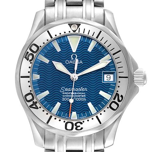 The image shows a frontal view of the Omega Seamaster 2554.80.00 Men's Stainless Steel Blue Dial 2554.80.00 Men's Stainless Steel Blue Dial watch, highlighting its blue dial, bezel, and metal bracelet.