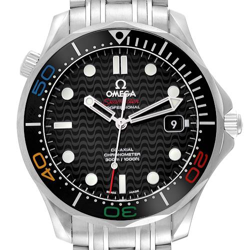 The image shows a frontal view of an Omega Seamaster 522.30.41.20.01.001 Men's Stainless Steel Black Dial 522.30.41.20.01.001 Men's Stainless Steel Black Dial watch with a black dial and a stainless steel bracelet.