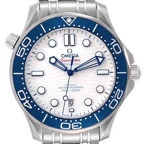 This image shows a frontal view of an Omega Seamaster 522.30.42.20.04.001 Men's Stainless Steel White Dial 522.30.42.20.04.001 Men's Stainless Steel White Dial watch with a blue bezel and a white dial.