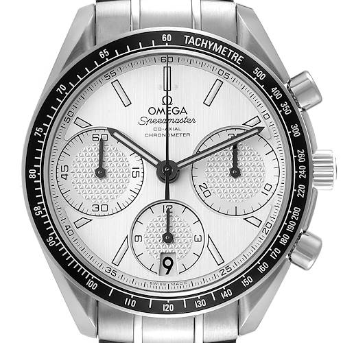 This is a front view of an Omega Speedmaster 326.30.40.50.02.001 Men's Stainless Steel Silver Dial 326.30.40.50.02.001 Men's Stainless Steel Silver Dial watch, displaying its dial, subdials, bezel, and part of the bracelet.