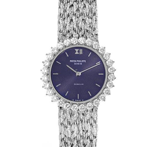 The Patek Philippe Calatrava 4136/001 Women's White Gold Blue Dial 4136/001 Women's White Gold Blue Dial watch is shown from a front view, featuring a blue dial, diamond bezel, and textured bracelet.