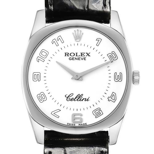 The Rolex Cellini 4233/9 Men's White Gold White Dial 4233/9 Men's White Gold White Dial watch is shown from the front, displaying the watch face, case, and part of the strap.