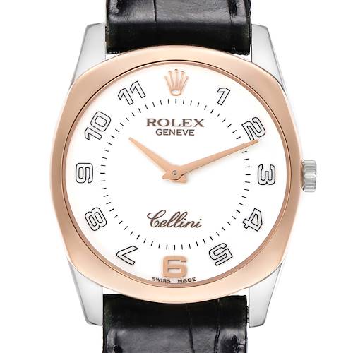The Rolex Cellini 4233/9BIC Men's White Gold White Dial 4233/9BIC Men's White Gold White Dial watch is shown from a front angle, highlighting the dial, hands, crown, and part of the strap.