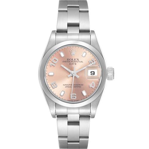 The image shows a front view of a Rolex Date 79160 Women's Stainless Steel Pink Dial 79160 Women's Stainless Steel Pink Dial watch, displaying the dial, hands, date window, bezel, and bracelet.