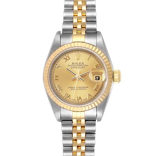 This image shows a front view of a Rolex Datejust 79173 Women's Steel and Gold (two tone) Champagne Dial 79173 Women's Steel and Gold (two tone) Champagne Dial watch, highlighting its gold dial, fluted bezel, and two-tone bracelet.