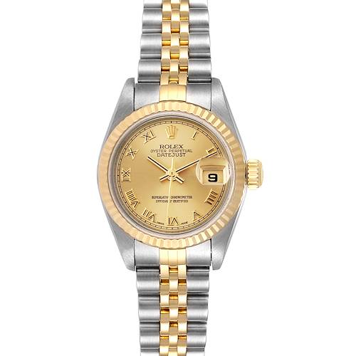 This is a front view of a Rolex Datejust 79173 Women's Steel and Gold (two tone) Champagne Dial 79173 Women's Steel and Gold (two tone) Champagne Dial watch showing the dial, bezel, crown, and bracelet.