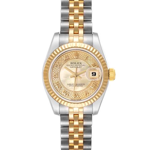 The Rolex Datejust 179173 Women's Steel and Gold (two tone) Mother of Pearl Dial 179173 Women's Steel and Gold (two tone) Mother of Pearl Dial watch is shown from a top view, displaying the face, bezel, crown, and bracelet.