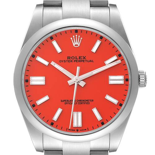 This image shows a front view of a Rolex Oyster Perpetual 124300 Men's Stainless Steel Red Dial 124300 Men's Stainless Steel Red Dial watch, displaying its red dial, indices, and silver hour, minute, and second hands.