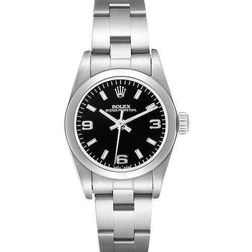 The Rolex Oyster Perpetual 76080 Women's Stainless Steel Black Dial 76080 Women's Stainless Steel Black Dial watch is shown from a top-down angle, displaying the full face, bezel, crown, and bracelet.