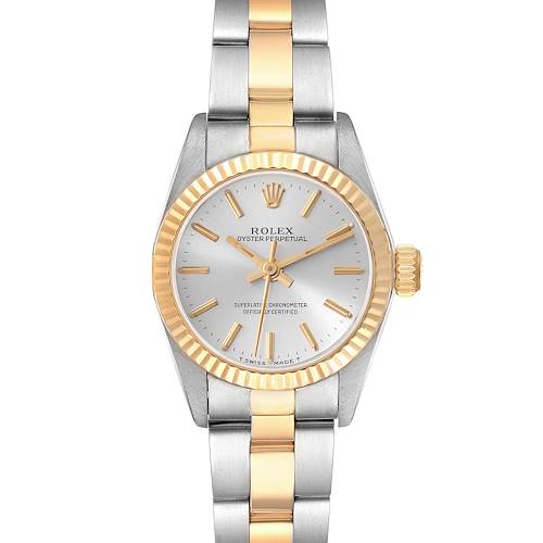 This image shows a front view of the Rolex Oyster Perpetual 67193 Women's Steel and Gold (two tone) Silver Dial 67193 Women's Steel and Gold (two tone) Silver Dial watch, displaying the dial, bezel, and bracelet.