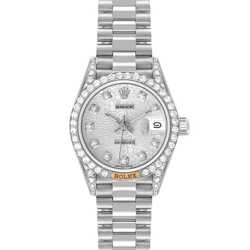 This image shows a front view of the Rolex President 69159 Women's White Gold Silver Dial 69159 Women's White Gold Silver Dial model watch, displaying its dial, bezel, and bracelet.