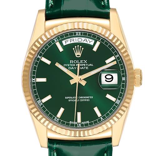 The image shows a frontal view of the Rolex President 118138 Men's Yellow Gold Green Dial 118138 Men's Yellow Gold Green Dial model, highlighting the green dial, gold bezel, and day-date feature.