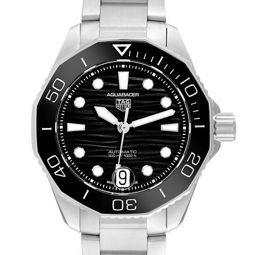 This image shows a front view of the Tag Heuer Aquaracer WBP231D Women's Stainless Steel Black Dial WBP231D Women's Stainless Steel Black Dial watch, displaying its dial, hands, bezel, and part of the bracelet.