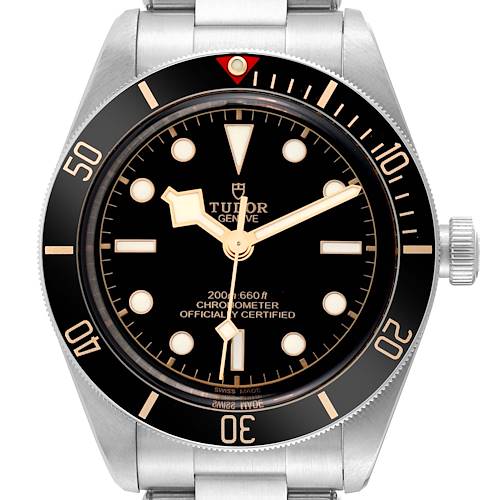 This image shows the front view of the Tudor Heritage Black Bay 79030N Men's Stainless Steel Black Dial 79030N Men's Stainless Steel Black Dial watch, featuring its bezel, dial, crown, and part of the bracelet.