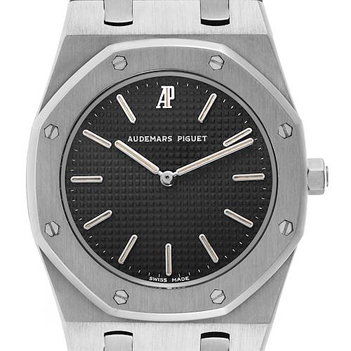 The image shows a frontal view of the Audemars Piguet Royal Oak 56303ST.OO.789ST Men's Stainless Steel Black Dial 56303ST.OO.789ST Men's Stainless Steel Black Dial, highlighting the octagonal bezel, dial, and part of the bracelet.