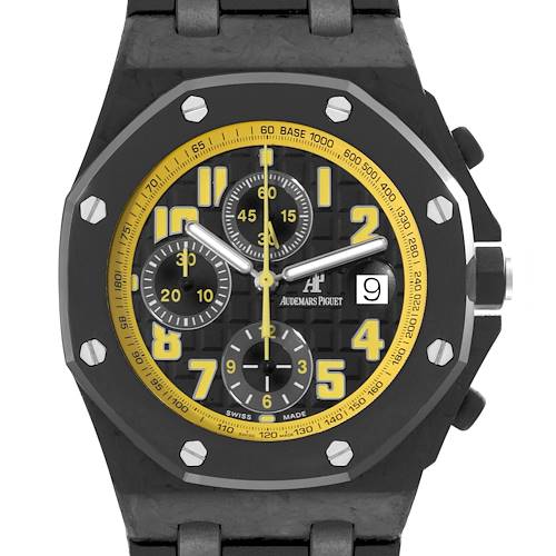 The Audemars Piguet Royal Oak Offshore 26176FO.OO.D101CR.02 Men's Ceramic Black Dial 26176FO.OO.D101CR.02 Men's Ceramic Black Dial watch is shown from a front angle, highlighting its dial, bezel, and crown.