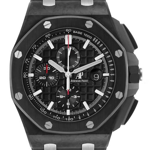 The Audemars Piguet Royal Oak watch is shown from the front, highlighting its octagonal bezel, dial with subdials, and date window.