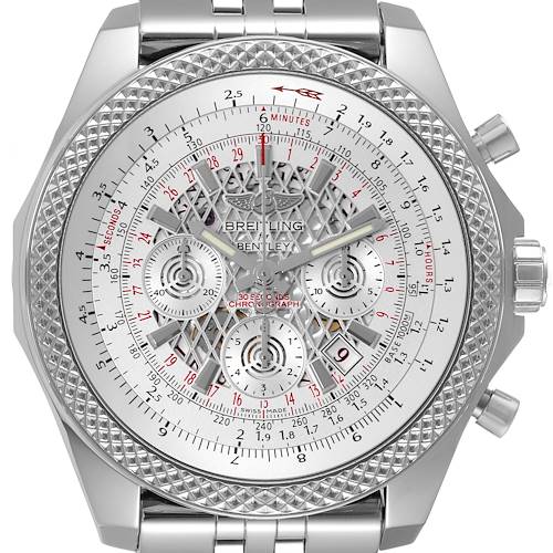 The image shows a front view of a Breitling Bentley AB0611 Men's Stainless Steel Silver Dial AB0611 Men's Stainless Steel Silver Dial watch, highlighting the dial, bezel, bracelet, and pushers.