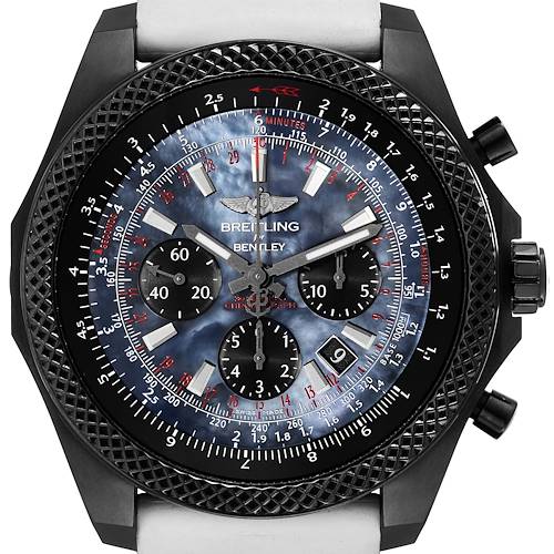 The image shows a front view of the Breitling Bentley MB0611 Men's Stainless Steel Mother of Pearl Dial MB0611 Men's Stainless Steel Mother of Pearl Dial watch, highlighting the face, bezel, and chronograph dials.
