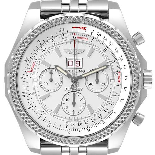 The Breitling Bentley A44362 Men's Stainless Steel Silver Dial A44362 Men's Stainless Steel Silver Dial watch is shown from a front angle, highlighting its face, bezel, and bracelet.
