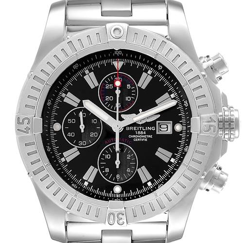 The image shows a frontal view of the Avenger model by Breitling, displaying its dial, bezel, and chronograph functions.