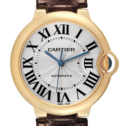 The image shows a frontal view of the Cartier Ballon Bleu W6900356 Men's Yellow Gold Silver Dial W6900356 Men's Yellow Gold Silver Dial watch, highlighting its Roman numerals and signature crown.