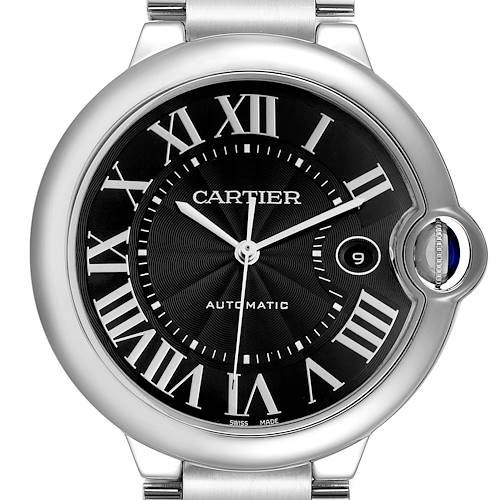 The image shows a front view of the Ballon Bleu by Cartier, highlighting the dial and iconic crown guard.