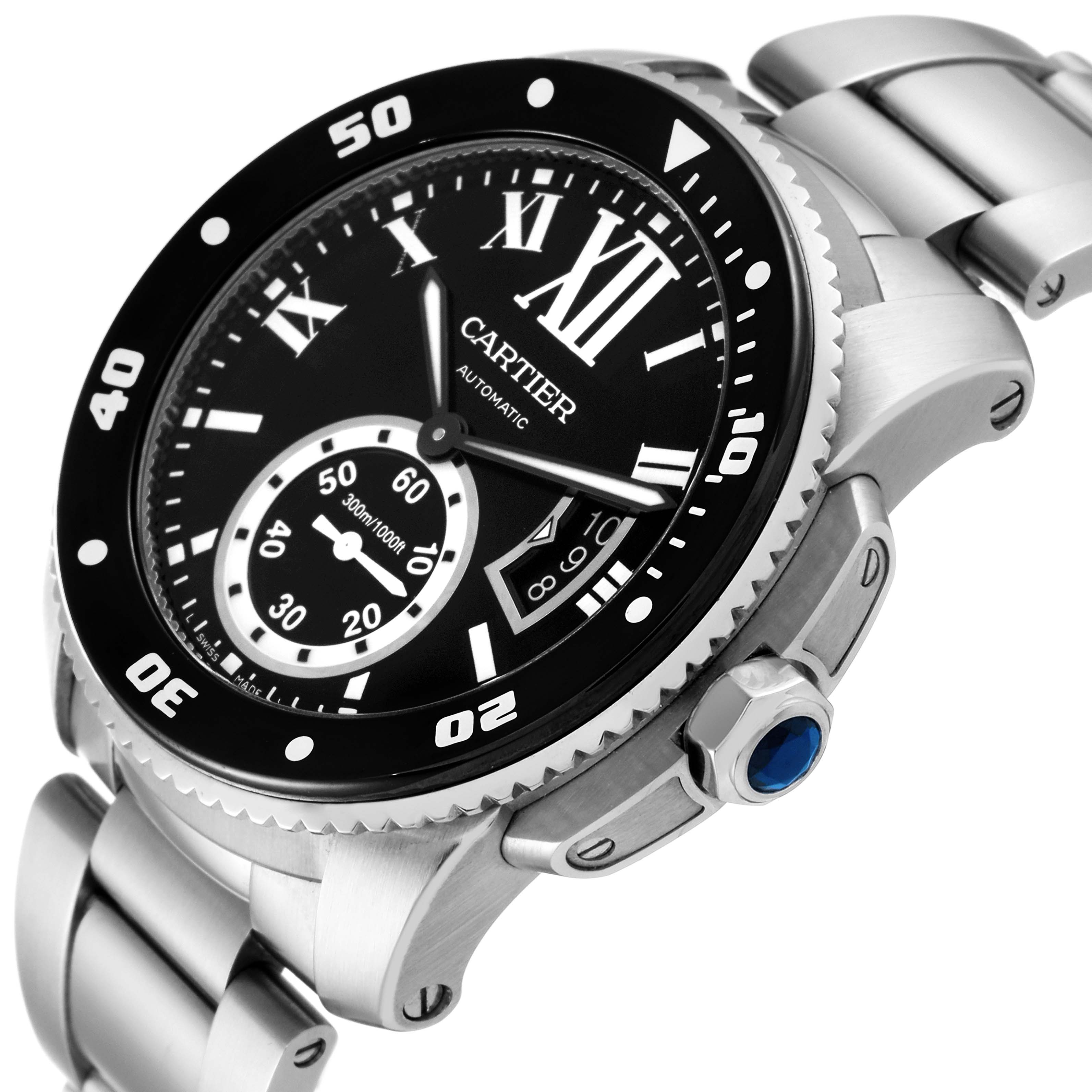 The Calibre de Cartier by Cartier watch is shown at a three-quarter angle, highlighting its bezel, crown, dial, and part of the bracelet.