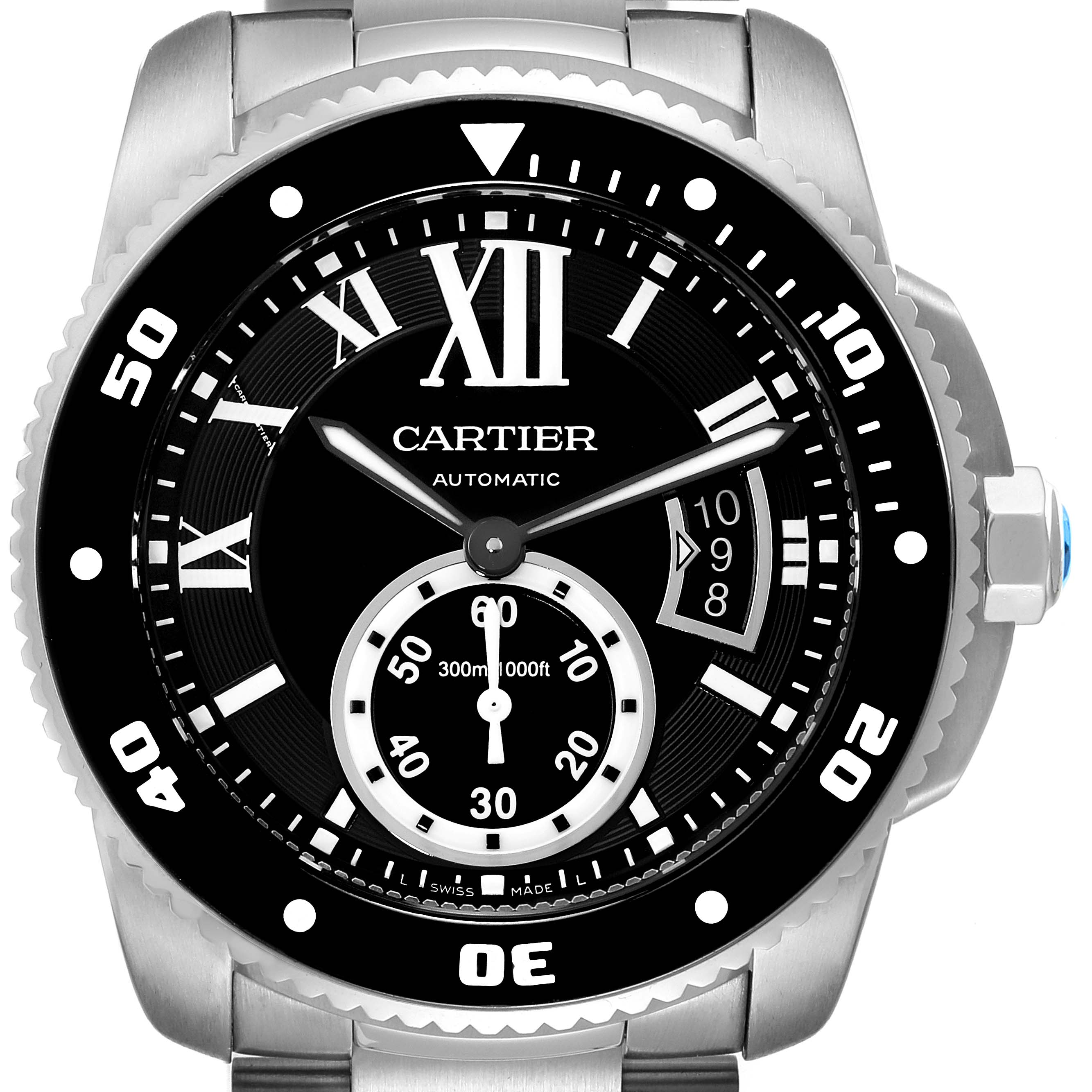 The image shows a frontal view of the Calibre de Cartier watch by Cartier, highlighting its dial, hands, bezel, and crown.